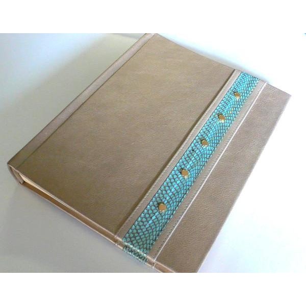 Rare! Brand New. Gorgeous R & Y Augousti, Paris photo album, crafted in metallic khaki beige leather with turquoise blue...