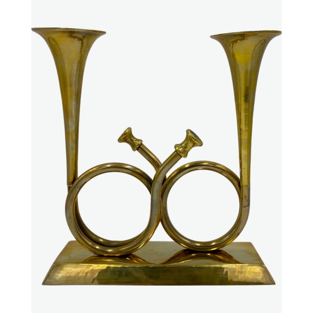 Vintage Single Gold Brass Horn Double Candle Holder Christmas Holiday Decor For Sale - Image 12 of 12