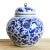 Traditional blue and white hand painted ceramic urn with lid. Features black iron ring handles. Wonderful display piece...