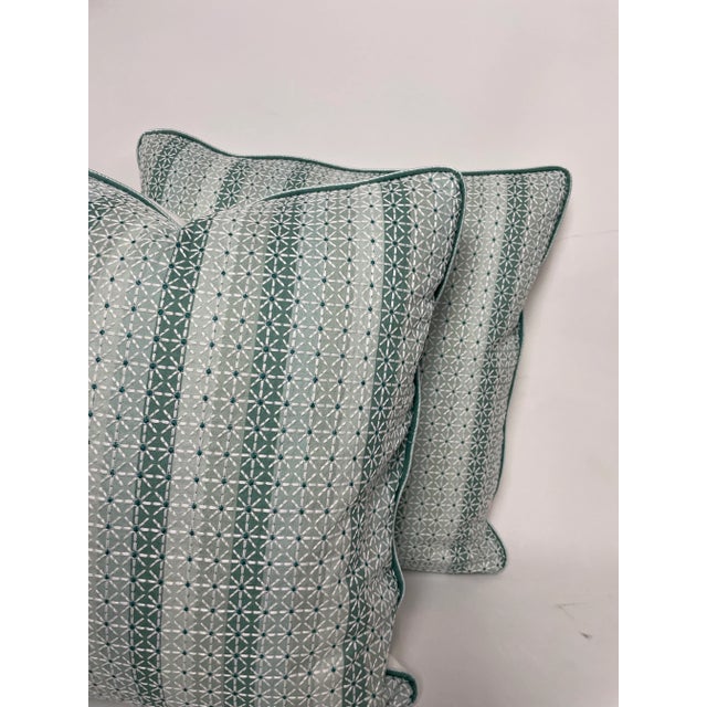 2020s Embroidered Seafoam Stripe With Flowers Pillows - Pair For Sale - Image 5 of 9