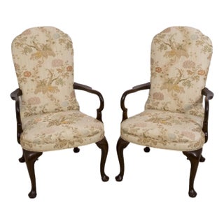 1970s Pair Kittinger Queen Anne Mahogany Upholstered Armchairs For Sale