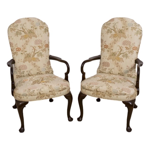 1970s Pair Kittinger Queen Anne Mahogany Upholstered Armchairs For Sale