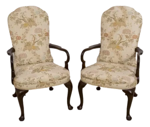 1970s Pair Kittinger Queen Anne Mahogany Upholstered Armchairs