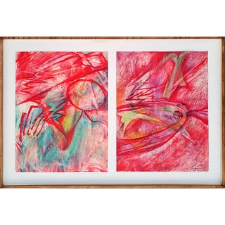 Signed 1990's Abstract "City Baby" Oil Painting Pastel Drawing Diptych, Framed For Sale