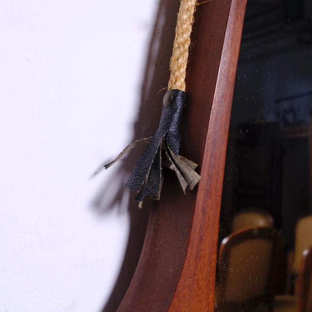 Wood Vintage Oval Teak Mirror with Rope and Leather Details, 1950s For Sale - Image 7 of 13