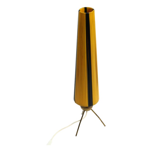 Mid-Century Modern Tripod Brass Table Lamp with Wrapped Nylon Strip Lampshade, 1950s For Sale