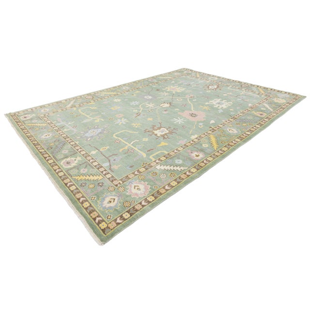 Modern Sage Green Oushak Style Wool Area Rug With Pastel Geometric Floral Accent For Sale - Image 11 of 12