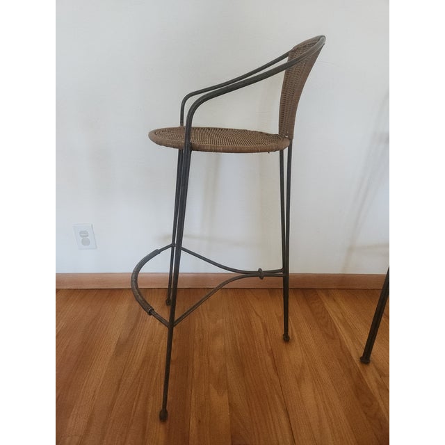 Arthur Umanoff 1980s French Iron and Wicker Bar Stools - Set of 3 For Sale - Image 4 of 10