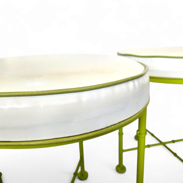 Pair of Mid Century Faux Bamboo Stools in the Style of Phyllis Morris – Green Metal & White Vinyl For Sale - Image 9 of 12