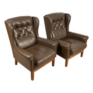 Nordic Wingback Chairs in Brown Leather, 1970, Set of 2 For Sale