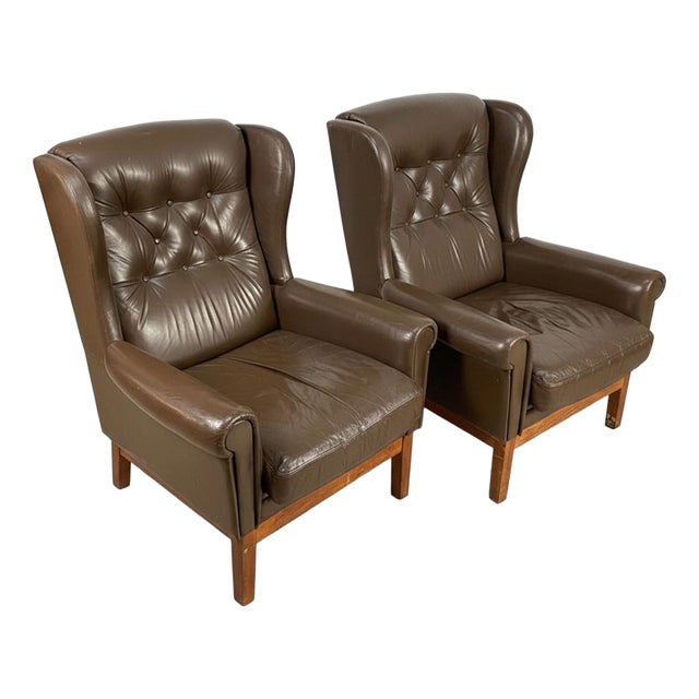 Nordic Wingback Chairs in Brown Leather, 1970, Set of 2 For Sale