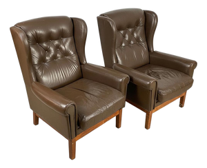 Nordic Wingback Chairs in Brown Leather, 1970, Set of 2
