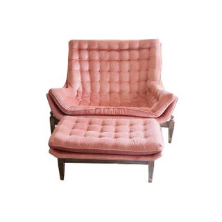 Rare Mid-century Tufted Love Seat + Ottoman For Sale