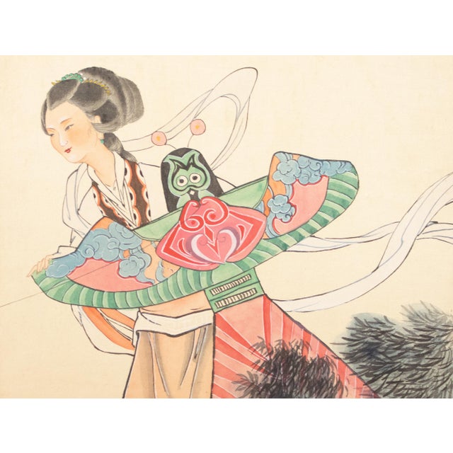 C. 1970s Chinoiserie Painted Screen "Flying Kites" For Sale - Image 10 of 18