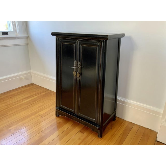 Chinese Antique Chinese Ming Style Two-Door Small Black Lacquered Cupboard Cabinet For Sale - Image 3 of 10