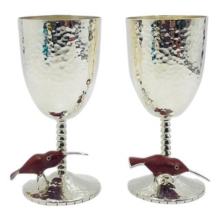 1980s Emilia Castillo Taxco Silver Plate Hummingbird Goblets, Mexican Modernism - a Pair For Sale