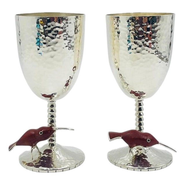 1980s Emilia Castillo Taxco Silver Plate Hummingbird Goblets, Mexican Modernism - a Pair For Sale