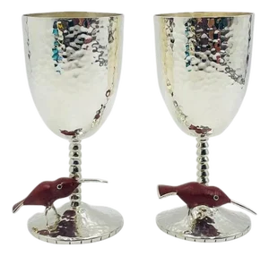 1980s Emilia Castillo Taxco Silver Plate Hummingbird Goblets, Mexican Modernism - a Pair