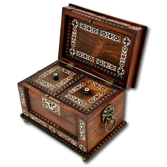 Mid 19th Century Outstanding Antique Victorian Rosewood Veneer Tea Caddy Box With Fancy Abalone Inlay Features - Circa 1870s For Sale - Image 5 of 18