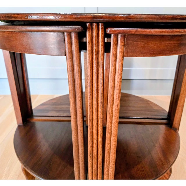 Coffee Mid 20th Century Fyne Ladye Nesting Cocktail Table Set – Round Mahogany Coffee Table With 4 Demilune Side Tables For Sale - Image 8 of 14