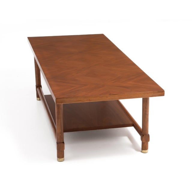 1960s Walnut Mid Century Checkerboard Coffee Table Brass Cap Feet After Carl Axel Acking For Sale - Image 5 of 13