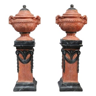 Pair Neoclassical Figural & Foliate Terra Cotta Garden Urns & Pedestals For Sale