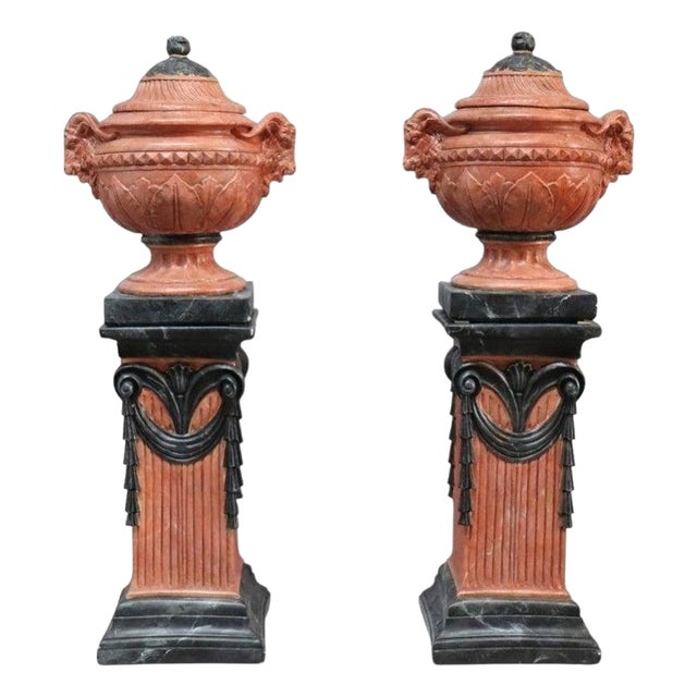 Pair Neoclassical Figural & Foliate Terra Cotta Garden Urns & Pedestals For Sale