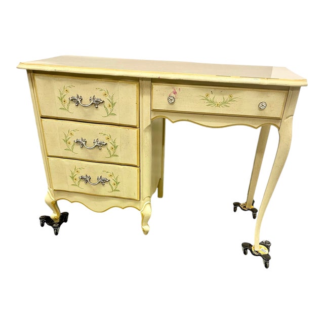 1970s French Provincial Style Hand Painted Solid Wood Writing Desk Dresser Dressing Table Entry Vintage For Sale