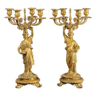 French Empire Revival Gilt Bronze Figural Candelabras, Late 19th Century, Set of 2 For Sale