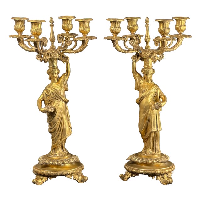 French Empire Revival Gilt Bronze Figural Candelabras, Late 19th Century, Set of 2 For Sale