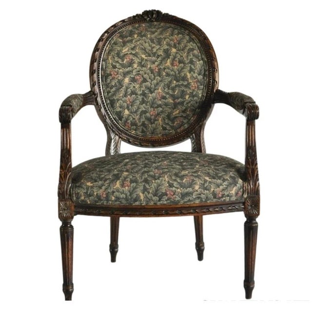 Vintage French Louis XVI Style Carved Walnut Fireside Arm Chair Fauteuil For Sale - Image 11 of 11