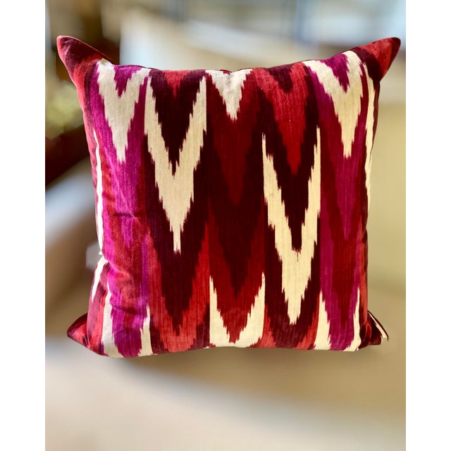 Pair of 22" Custom Schumacher Kashgar Ikat Velvet Pillows Pattern 176102 in Ruby Plum For Sale In Richmond - Image 6 of 18
