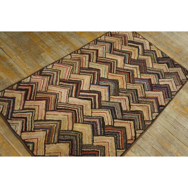 American 1920s Multi Brown Zig Zag Folk Art Antique American Hooked Rug 2' 7'' X 4' 6'' Handwoven Wool Carpet For Sale - Image 3 of 13