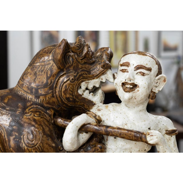 Antique Asian Ceramic - Male Figure With Dragon, C. 20th Century Collectables For Sale - Image 4 of 9