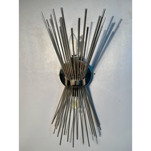 Pair Sputnik Wall Sconces Radiating Wire Rods Sunburst Effect MCM Style For Sale - Image 4 of 6