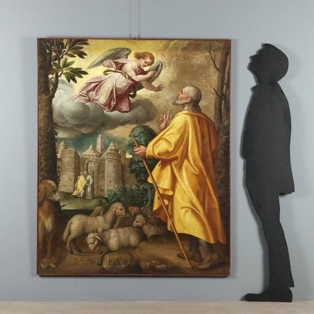 Oil on canvas. Lombard school, late 16th century. In the large scene, an angel is depicted in the foreground announcing to...