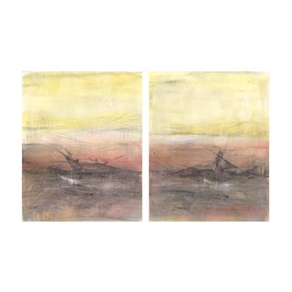 Maui 01-02 - 9*12r Original Repro Abstract Landscape Paintings by Carrie Bergey,Orange Yellow Blue White - Set of 2 For Sale