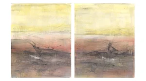 Maui 01-02 - 9*12r Original Repro Abstract Landscape Paintings by Carrie Bergey,Orange Yellow Blue White - Set of 2