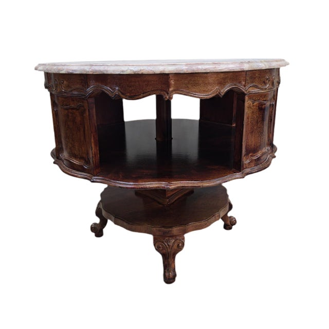 Antique French Victorian Rotating Pink Marble Top Drum Table Gorgeous Antique French Victorian Pink Beveled Edge Sunburst...