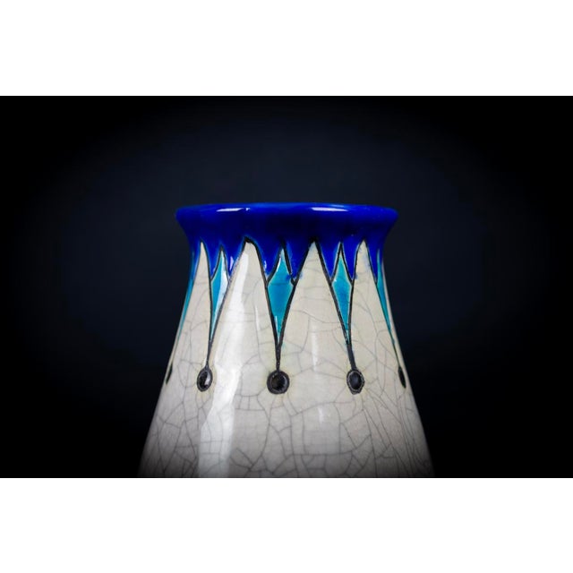 Art Deco Vase in Glazed Crackled Earthenware with Blue Flowers by Maurice Dufrene for Keramis, La Louviere, Belgium, 1920s For Sale - Image 6 of 15