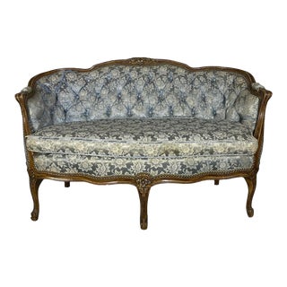 Vintage Louis XV Style Tufted Blue Settee For Sale