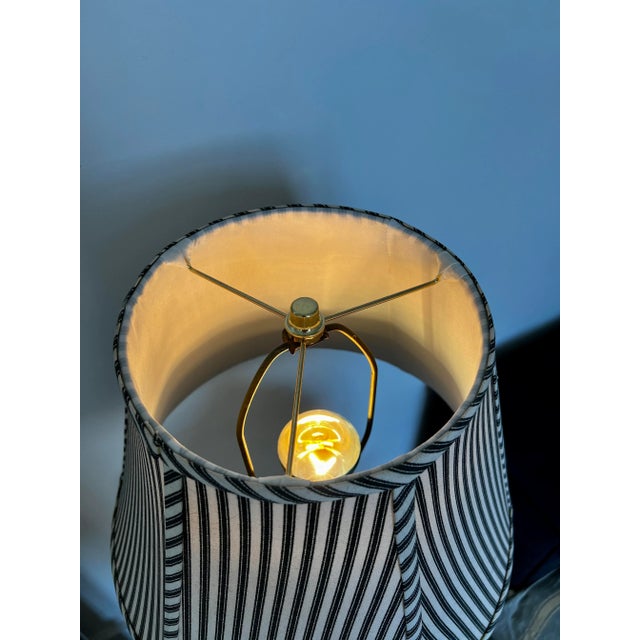 1980s Pink Shell Lamp With Blue French Linen Lampshade | Chairish