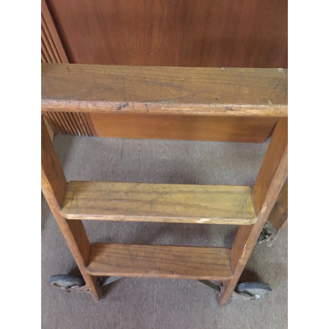 Pair 19thc Tall Haberdashery Tall Rolling Industrial Solid Oak Ladders For Sale - Image 10 of 13
