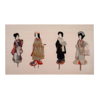 Antique Japanese Silk Brocade Oshie Art Geisha Puppet Dolls in Shadow Box Frame For Sale