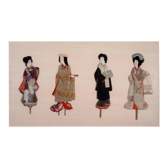 Antique Japanese Silk Brocade Oshie Art Geisha Puppet Dolls in Shadow Box Frame For Sale