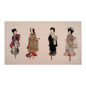 Antique Japanese Silk Brocade Oshie Art Geisha Puppet Dolls in Shadow Box Frame