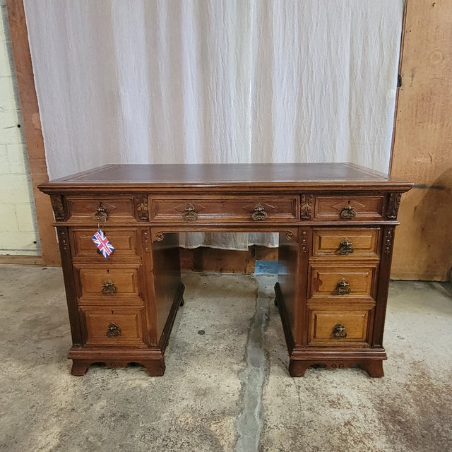 Antique English Oak Leather Top Pedestal Desk With Acanthus Leaf Carvings For Sale - Image 11 of 11