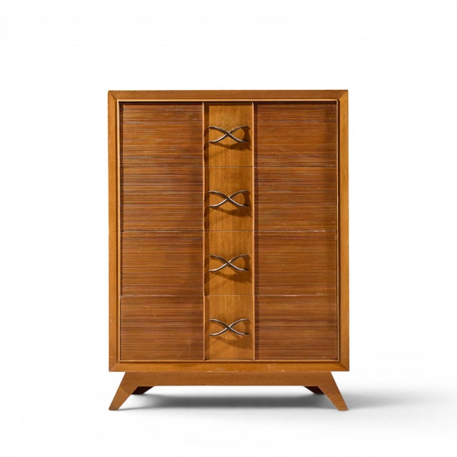 Paul Frankl for Brown Saltman Mid Century Oak and Brass Highboy Dresser This highboy measures: 34.75 wide x 20 deep x...