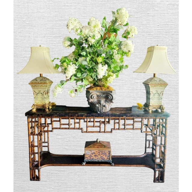 Lexington Furniture Vintage Chinese Chippendale Lexington Tortoiseshell Bronze Black Extra Long Tessellated Top Console Sofa Table For Sale - Image 4 of 15
