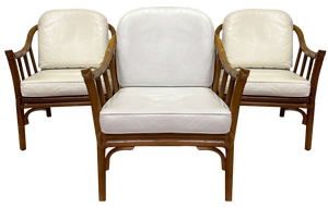 Armchairs in Rattan & White Leather by Hans Kaufeld for Mc Guire, Set of 3